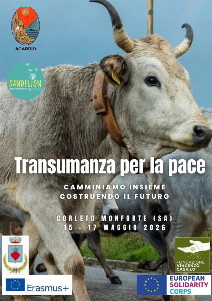 La locandina della «Transumanza per la Pace», Corleto Monforte, 15–17 maggio 2026.